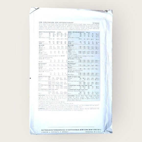 Vintage Butterick Sewing Pattern 6180 Girls Blouse Vest Skirt Petticoat Size 12 - Picture 2 of 2